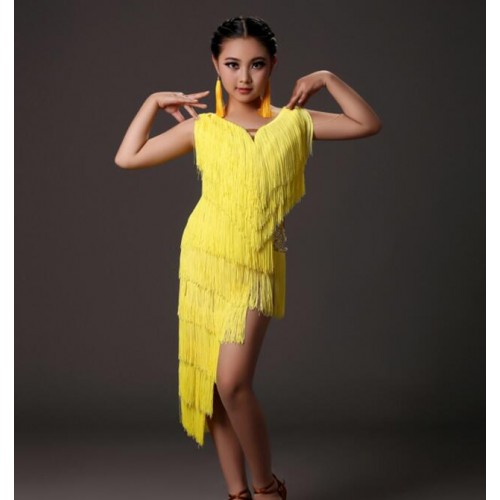 Yellow sequins tassel kids latin dress pink modern dance dress for girls dance competition salsa rumba dress latin dance dress